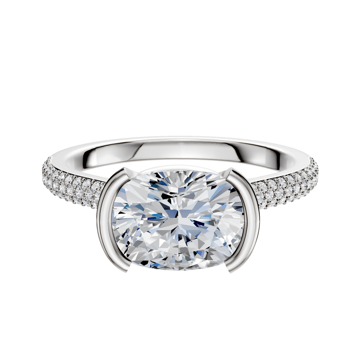 An 18K white gold East/West cathedral dome engagement ring with a bezel half bezel setting and three rows of pavé-set diamonds along the 2.0mm band, shown on a white background.