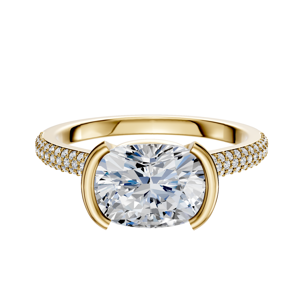 A 14K yellow gold engagement ring with a cathedral dome design, 2.0mm band, and 3-row pave setting in an east/west half bezel style.