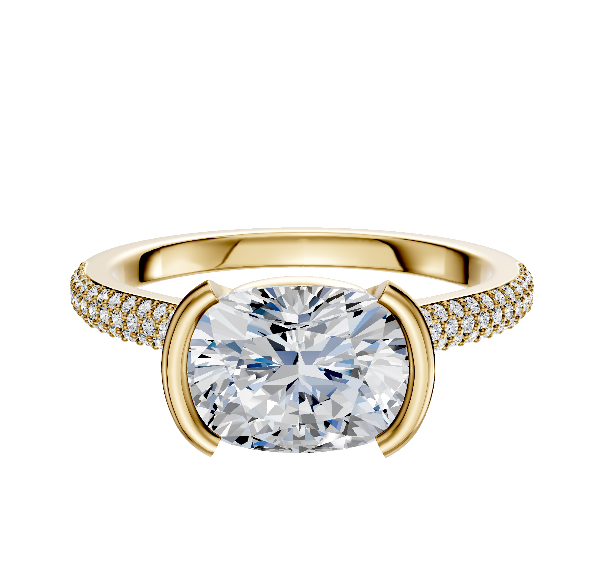 A 14K yellow gold engagement ring with a cathedral dome design, 2.0mm band, and 3-row pave setting in an east/west half bezel style.