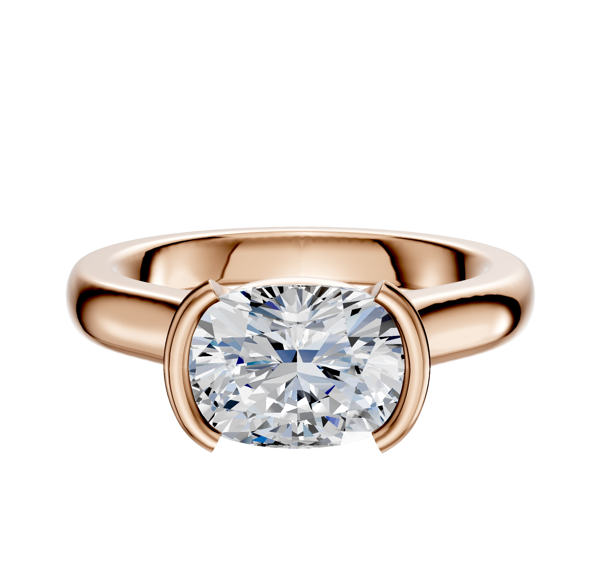 The 14K Rose Gold Bezel Half Bezel East/West Cathedral Dome 3.0mm Engagement Ring features a sleek design, showcased against a plain white background.