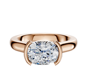 An 18K rose gold Bezel Half Bezel East/West Cathedral Dome 3.0mm engagement ring showcases a large oval-cut diamond held by two modern prongs, displayed against a plain white background.