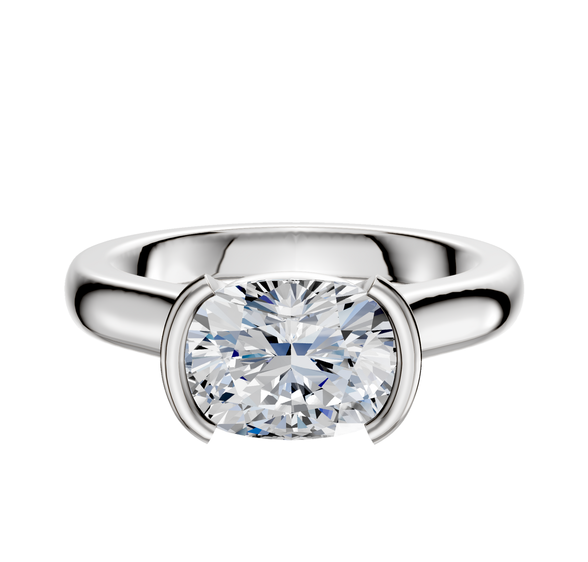 An 18K white gold Half Bezel East/West Cathedral Dome engagement ring features a large, oval-cut diamond in a modern minimalist bezel setting, showcased against a plain white background.