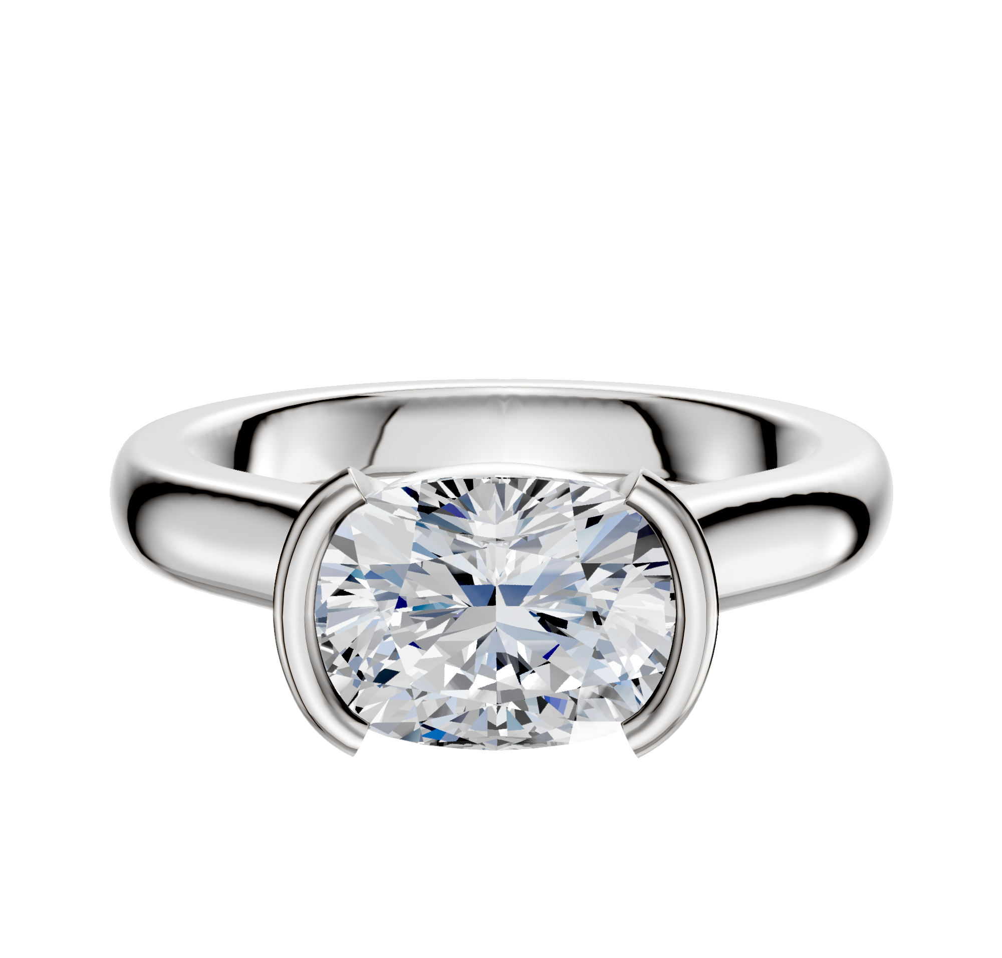 An 18K white gold Half Bezel East/West Cathedral Dome engagement ring features a large, oval-cut diamond in a modern minimalist bezel setting, showcased against a plain white background.