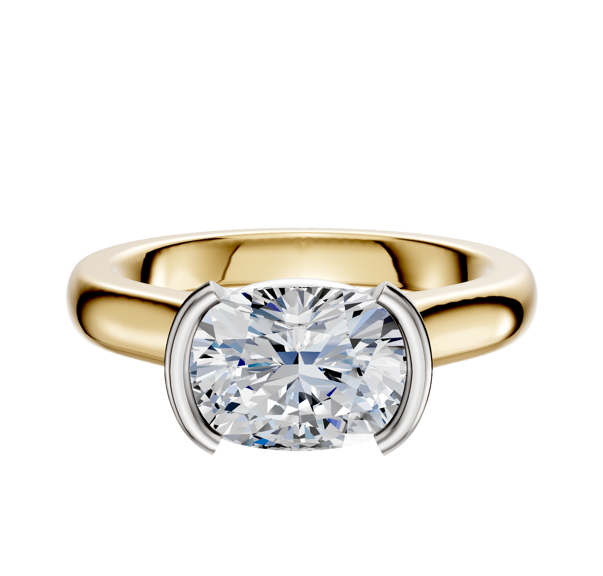 The 18K Two Tone Bezel Half Bezel East/West Cathedral Dome 3.0mm Engagement Ring features a wide gold band with a modern two-tone design and an elegant east/west bezel setting for your center stone.