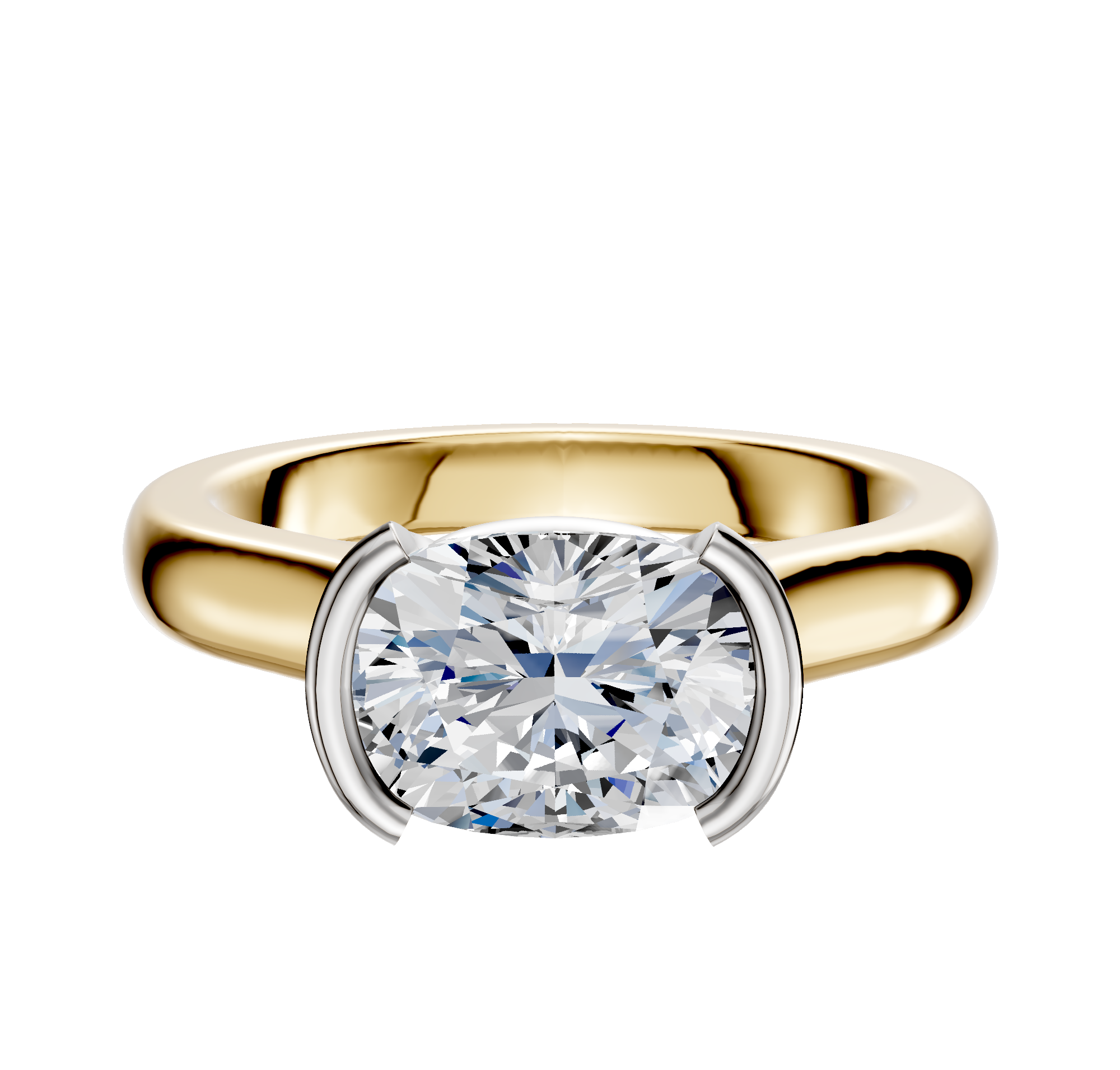 The 18K Two Tone Bezel Half Bezel East/West Cathedral Dome 3.0mm Engagement Ring features a wide gold band with a modern two-tone design and an elegant east/west bezel setting for your center stone.