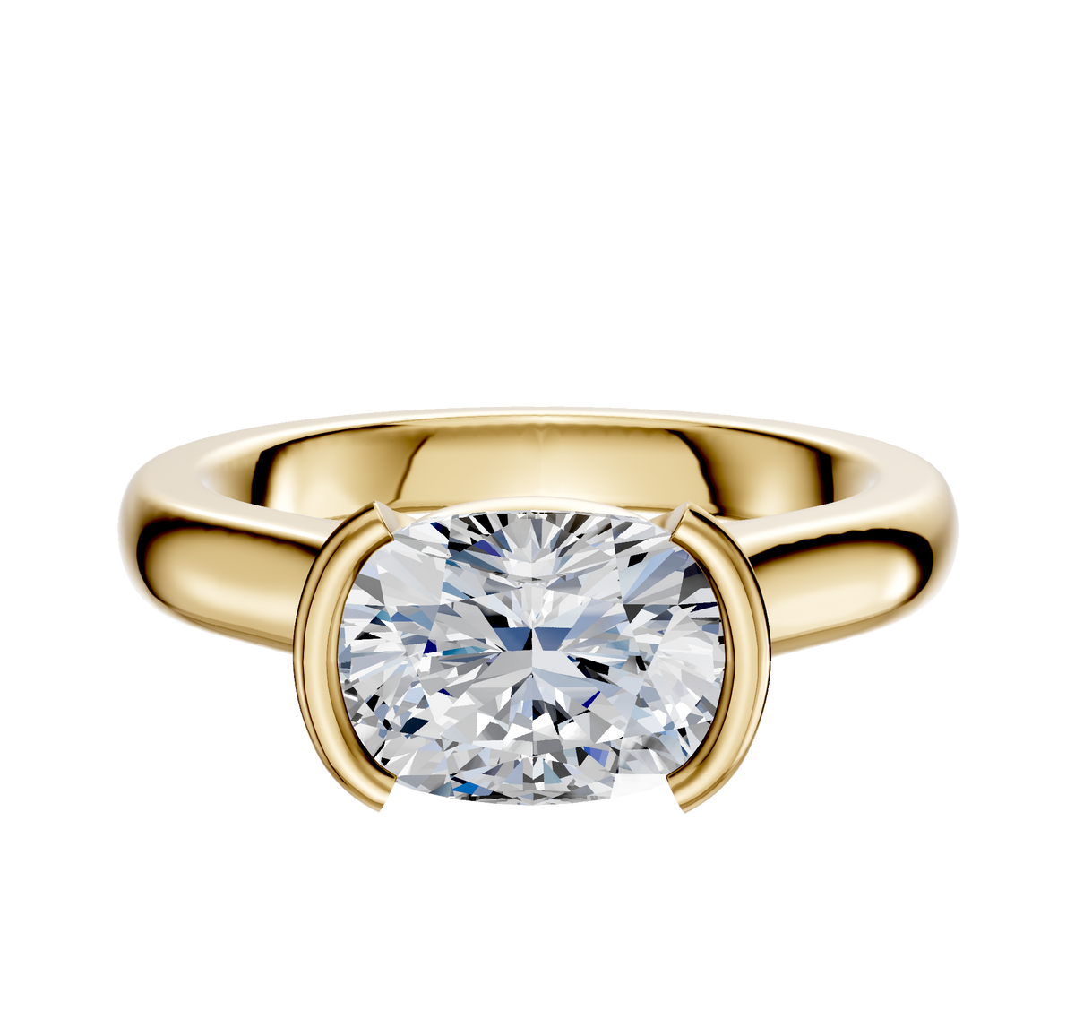 The 14K Yellow Gold Bezel Half Bezel East/West Cathedral Dome 3.0mm Engagement Ring features a wide band and a horizontally set gemstone in a modern partial bezel setting.