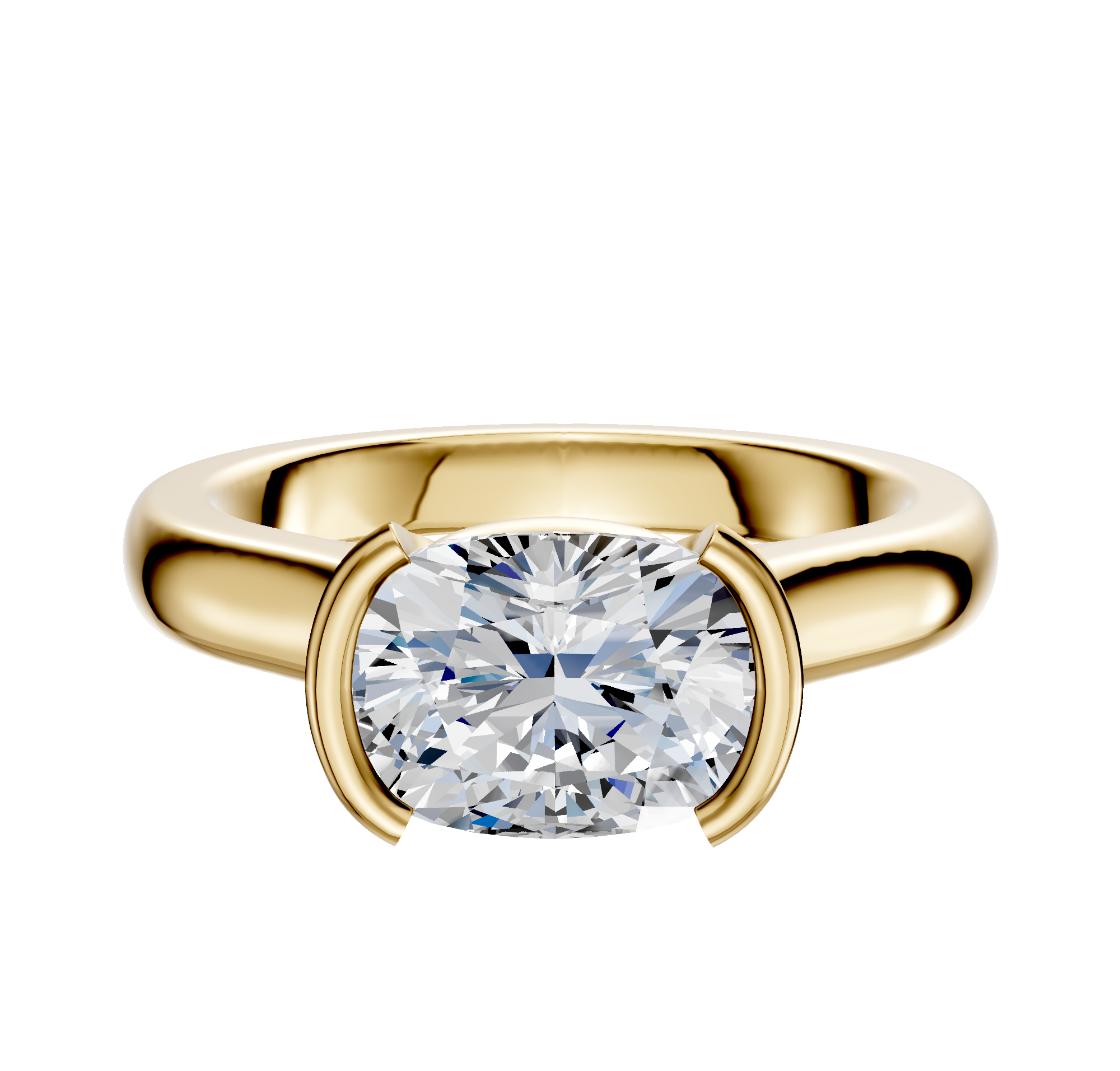 An 18K yellow gold bezel half bezel East/West cathedral dome 3.0mm engagement ring is shown with a large oval-cut clear diamond, displayed against a plain white background.
