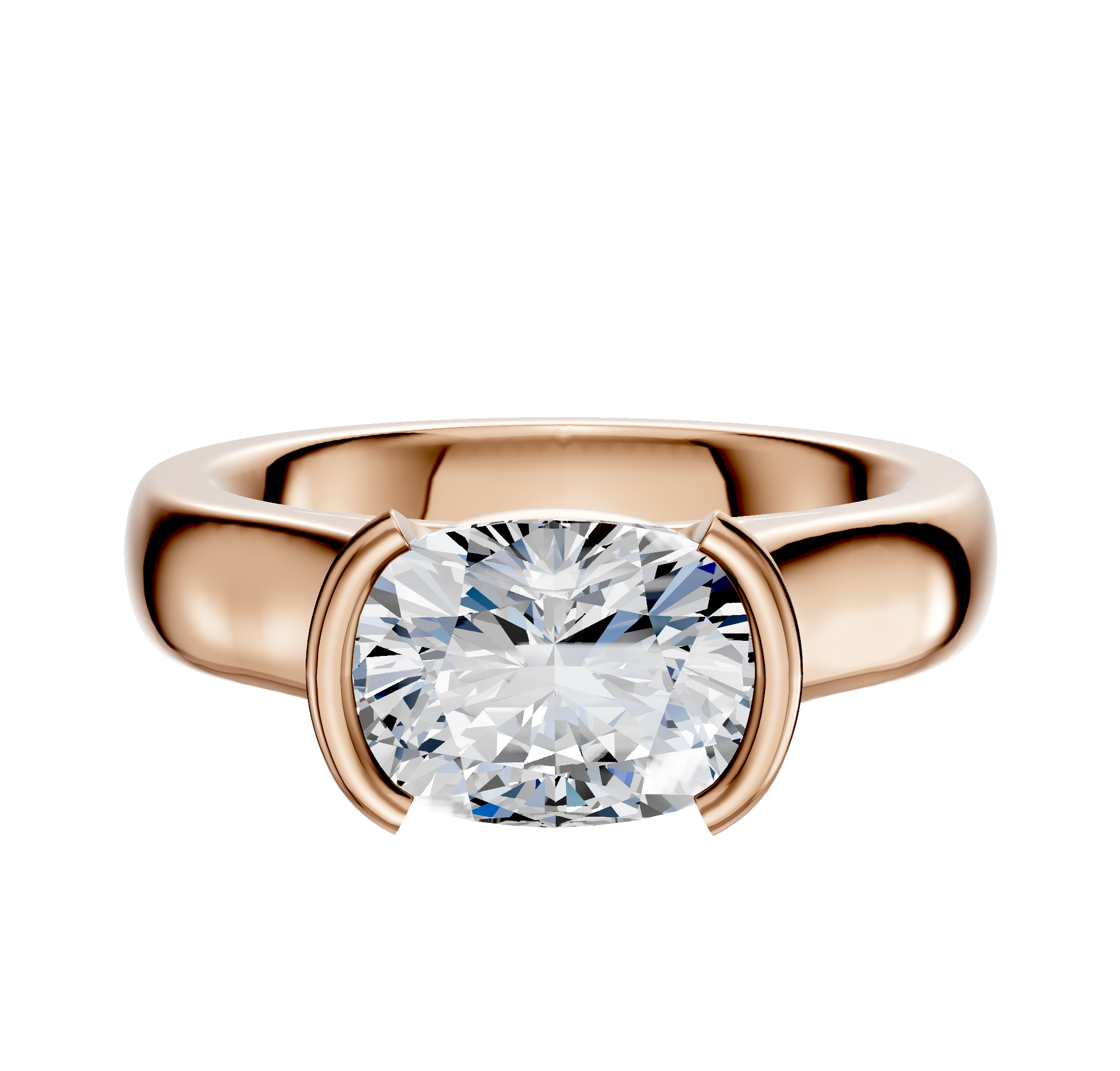 The 18K Rose Gold Bezel Half Bezel East/West Cathedral Dome 4.0mm Engagement Ring showcases a large oval diamond in a modern east/west bezel setting, photographed against a plain white background.