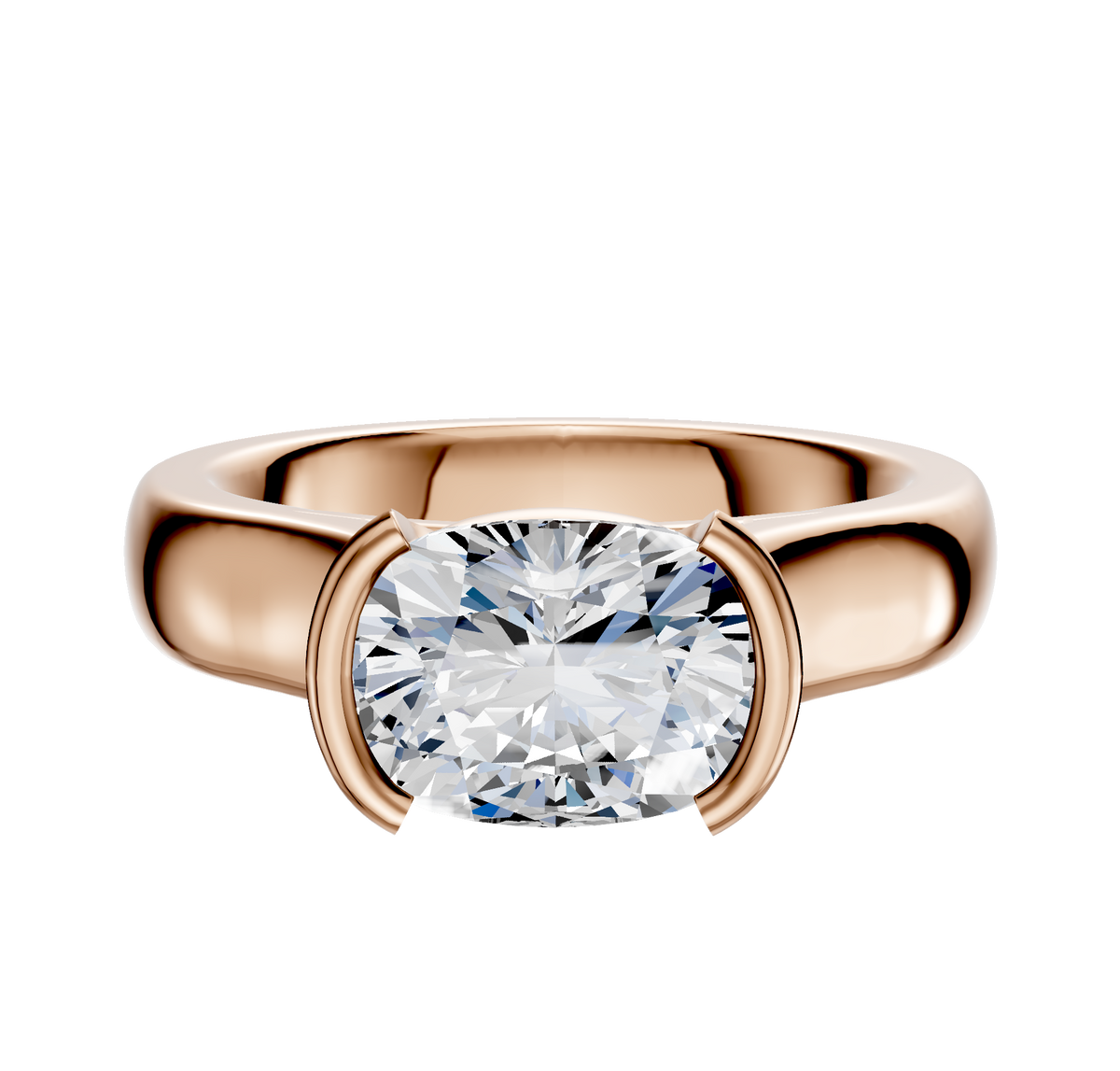 A 14K rose gold engagement ring with a wide cathedral dome band, showcasing a 4.0mm diamond in an east/west half bezel setting.