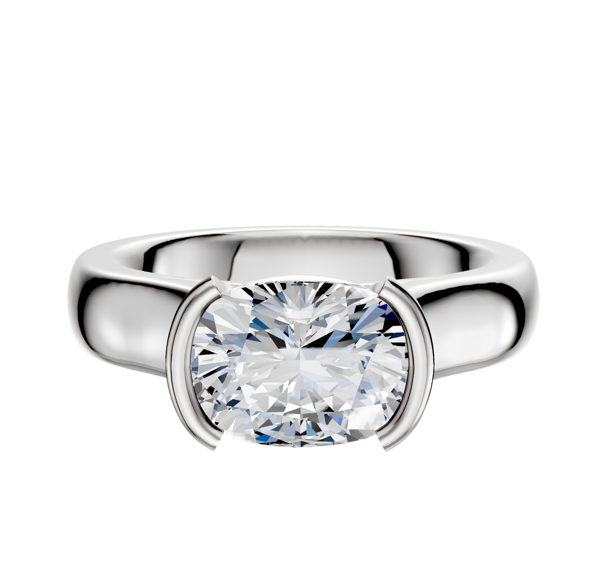 An 18K white gold bezel half bezel east/west cathedral dome engagement ring with a 4.0mm oval-cut clear gemstone and thick polished band, showcased on a white background.