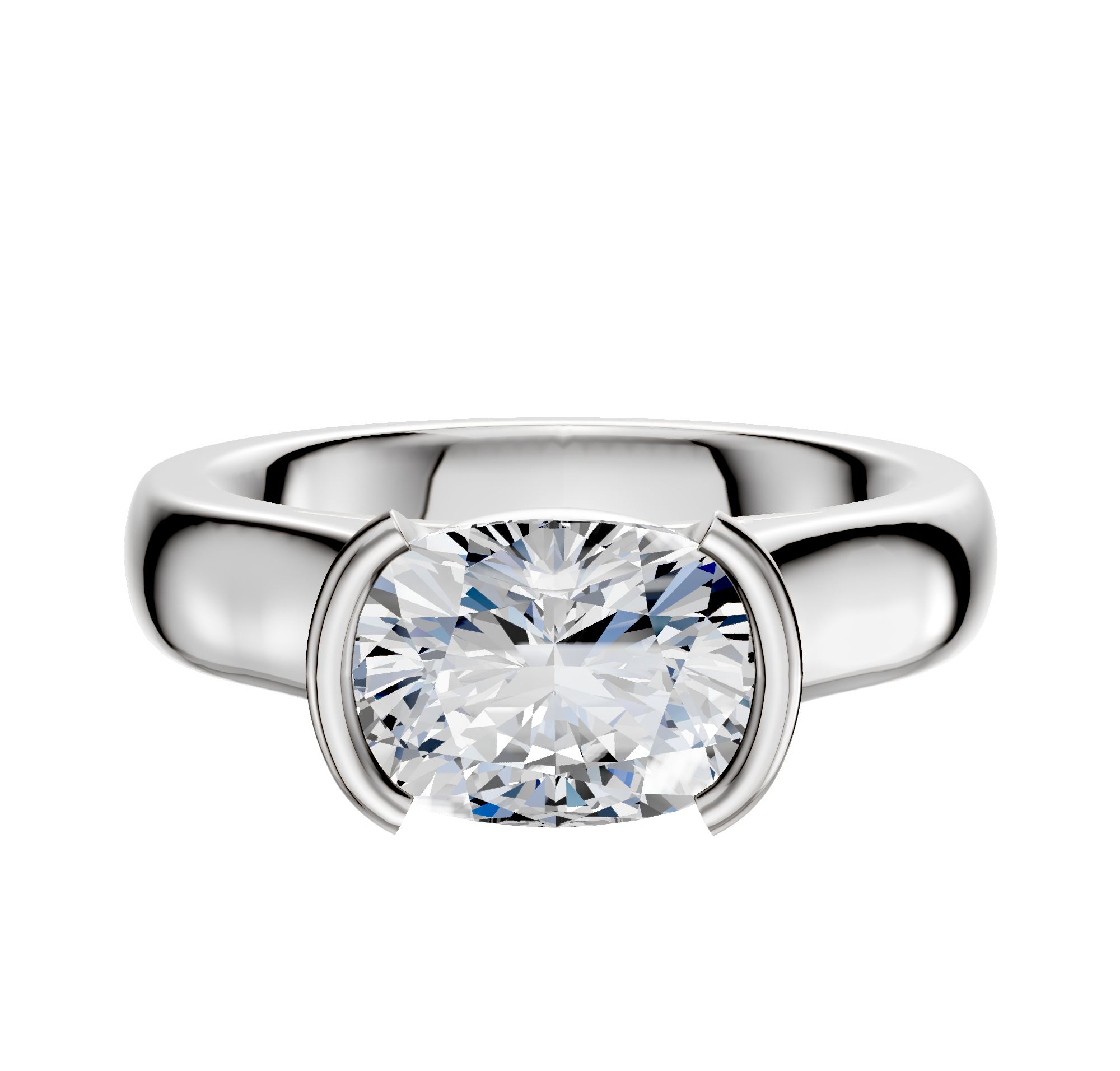 An 18K white gold bezel half bezel east/west cathedral dome engagement ring with a 4.0mm oval-cut clear gemstone and thick polished band, showcased on a white background.