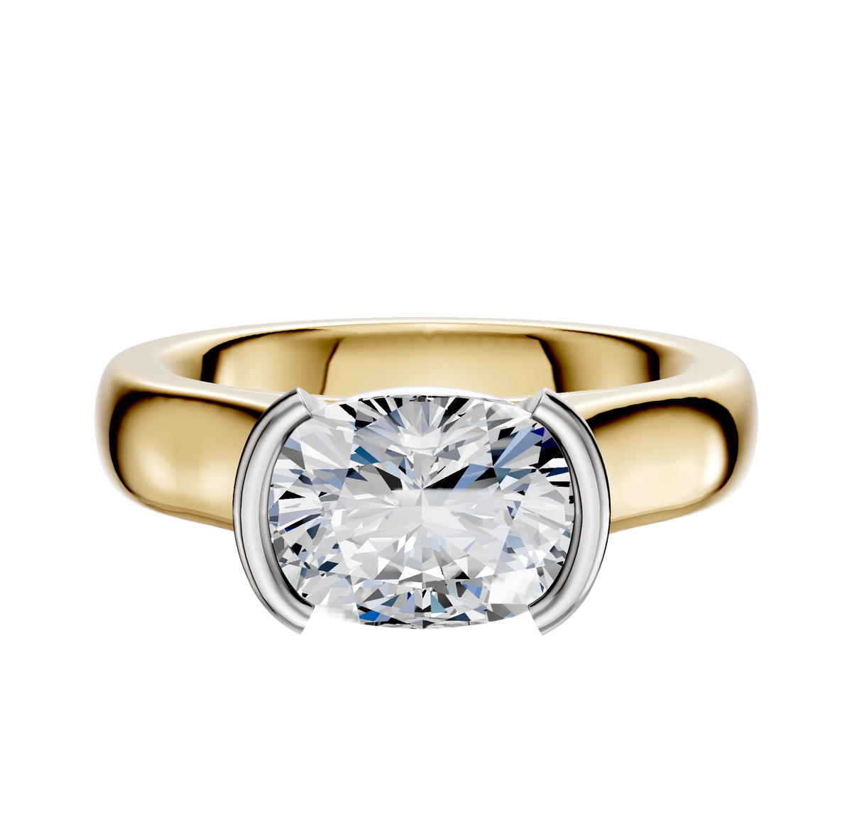The 18K Two Tone Bezel Half Bezel East/West Cathedral Dome 4.0mm Engagement Ring features a broad band and a large diamond in a modern half bezel east/west setting with white metal prongs on each side.