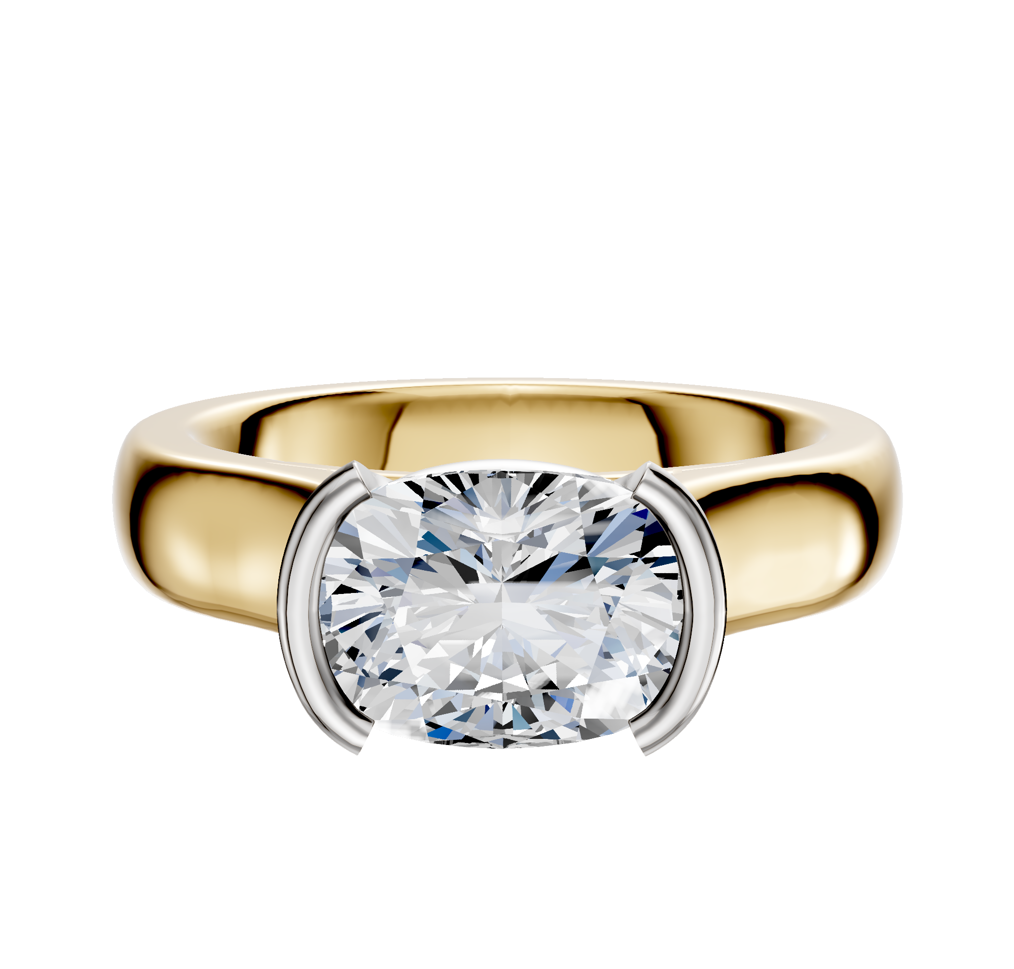 The 18K Two Tone Bezel Half Bezel East/West Cathedral Dome 4.0mm Engagement Ring features a broad band and a large diamond in a modern half bezel east/west setting with white metal prongs on each side.
