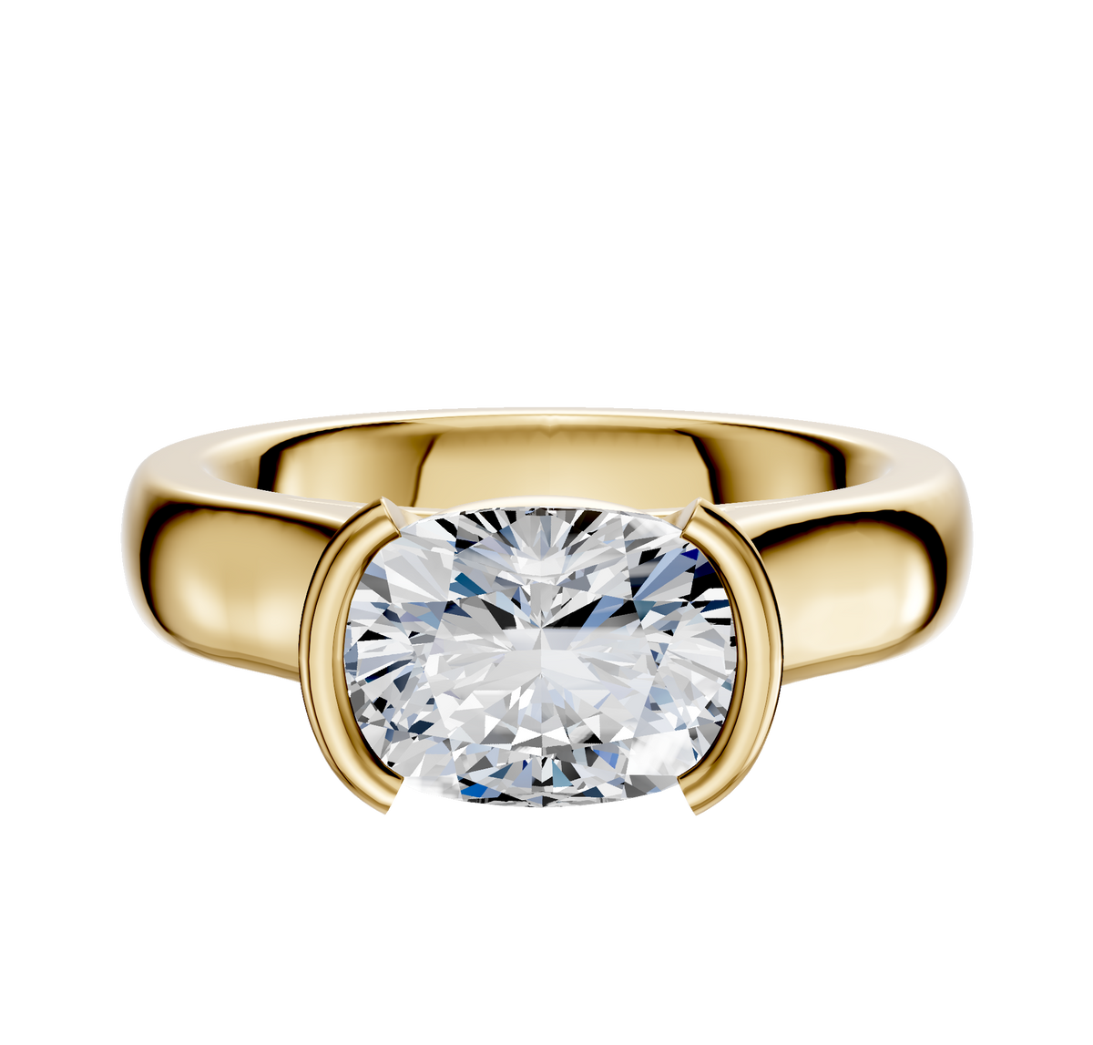 A 14K yellow gold East/West cathedral dome engagement ring with a 4.0mm half bezel setting, showcased against a plain white background.