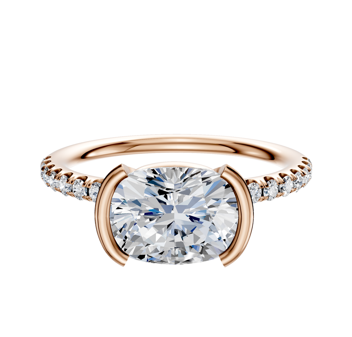 The 14K Rose Gold Bezel Half Bezel East/West Classic Dome Ring showcases a 2.5mm centerpiece with a row of pave-set diamonds along the band for timeless elegance.