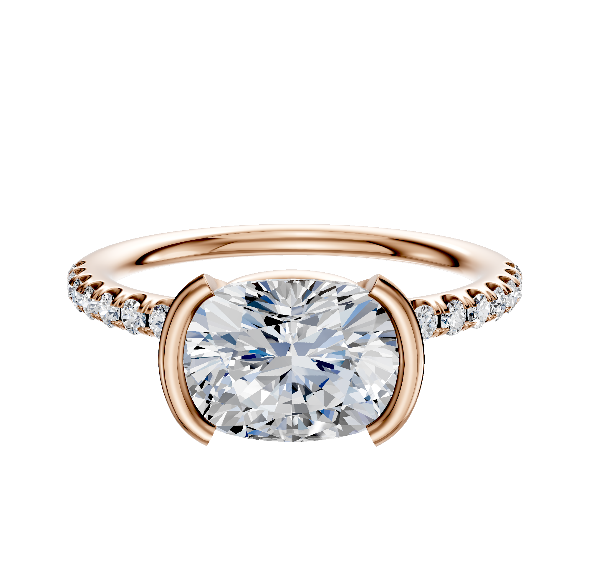 Featuring the 18K Rose Gold Bezel Half Bezel East/West Classic Dome 1-Row-Pave 2.5mm Engagement Ring, this piece showcases an oval center with pavé diamonds along the band for elegant sparkle.