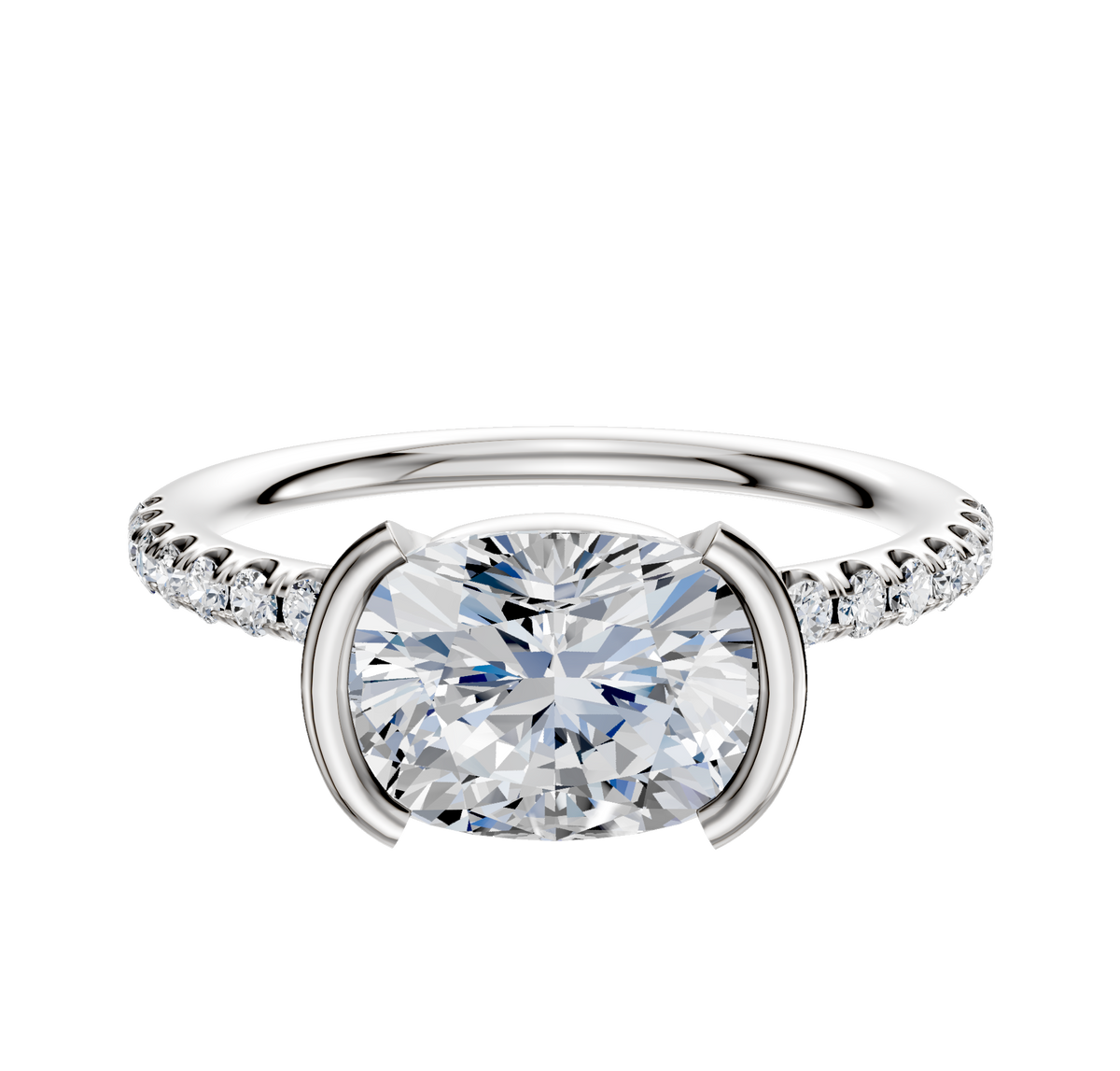 A platinum engagement ring featuring a classic dome band with a half bezel east/west setting and a row of pave diamonds, 2.5mm wide.