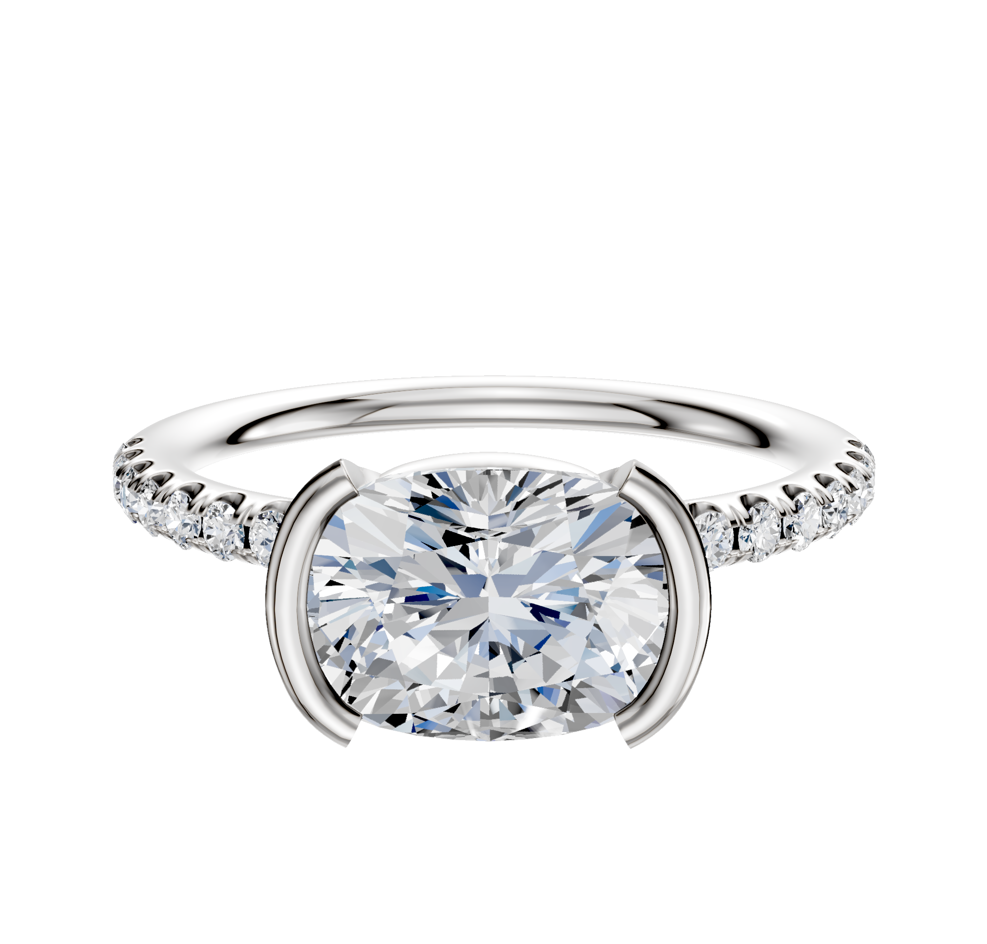 An 18K two tone bezel half bezel East/West classic dome engagement ring featuring a 2.5mm band with 1-row pave diamonds, shown against a white background.