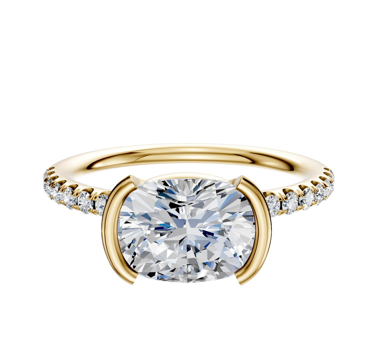 An 18K yellow gold engagement ring featuring a classic dome design with a half bezel east/west setting and a 2.5mm band, accented by a single row of pavé diamonds.