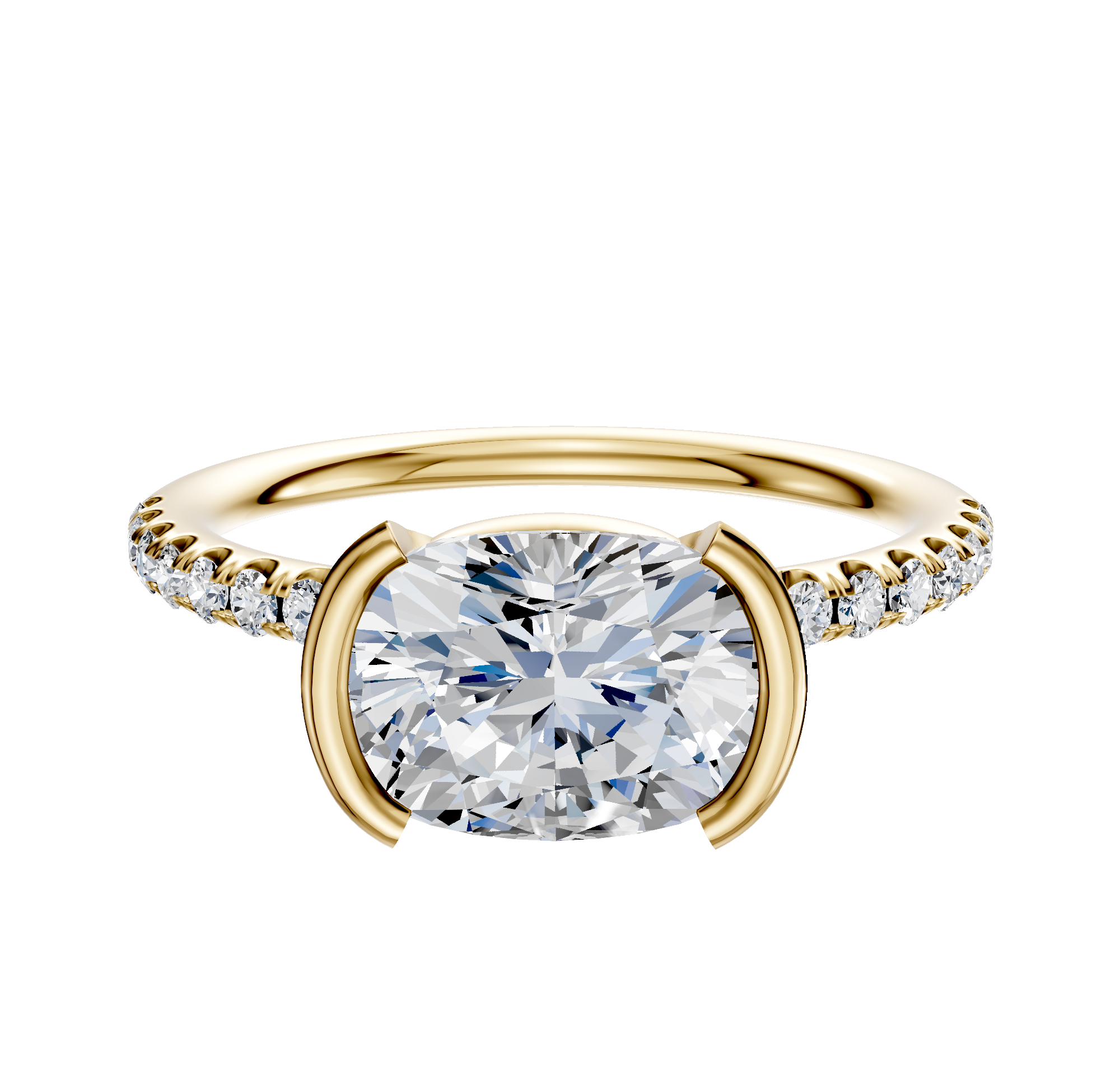An 18K yellow gold engagement ring featuring a classic dome design with a half bezel east/west setting and a 2.5mm band, accented by a single row of pavé diamonds.