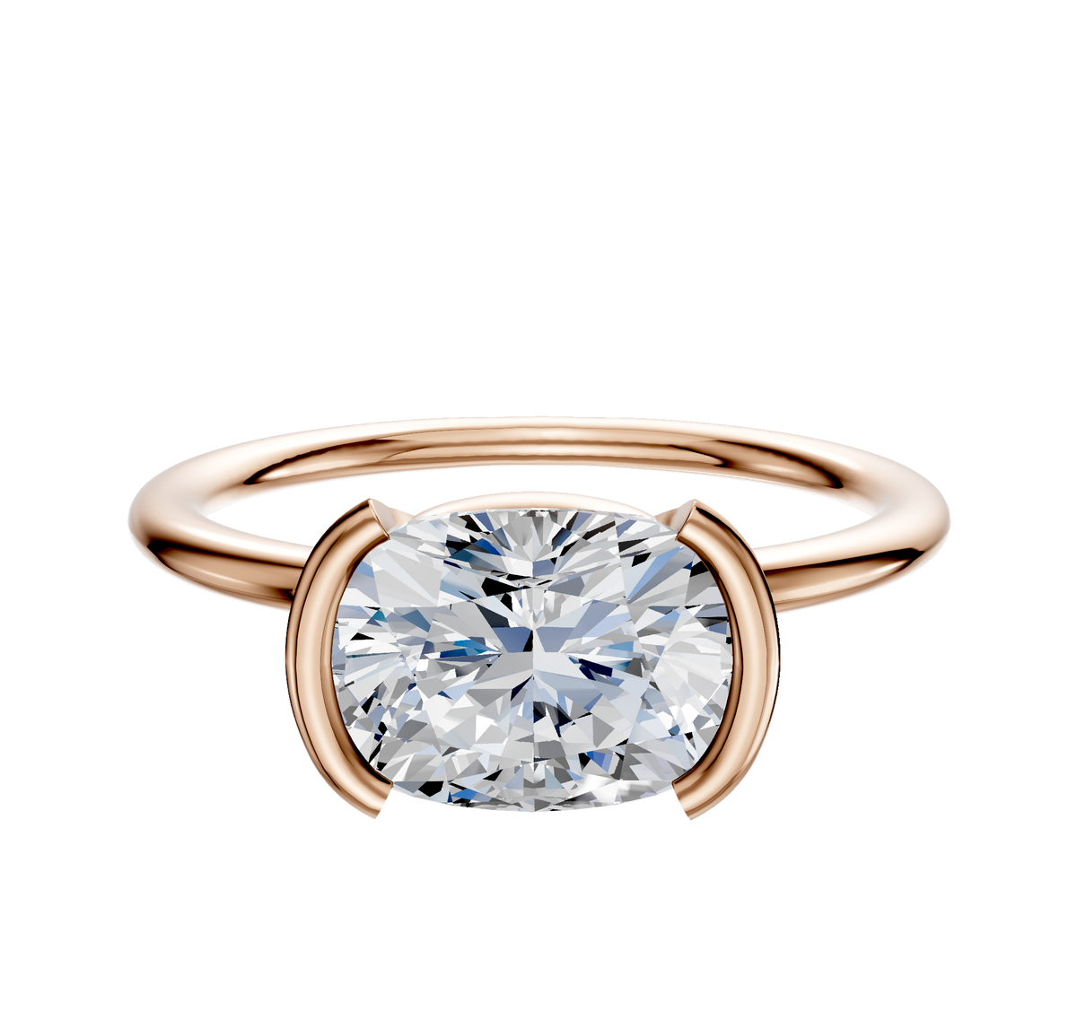 An 18K rose gold Bezel Half Bezel East/West Classic Dome 1.5mm engagement ring, shown with a cushion-cut diamond in a modern setting on a plain white background.