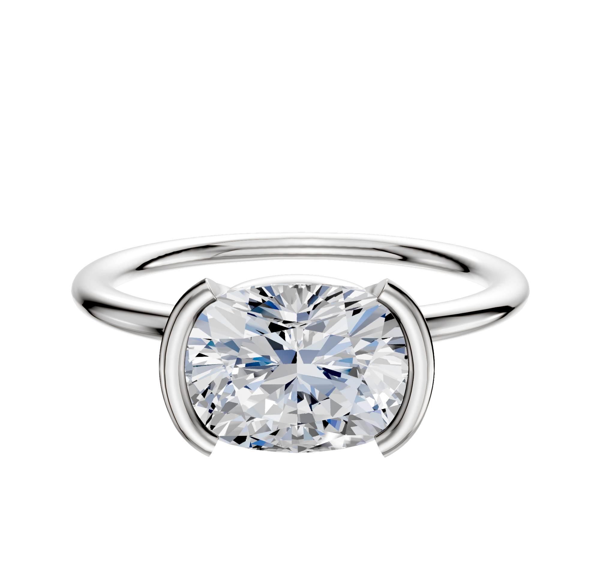A Platinum Bezel Half Bezel East/West Classic Dome 1.5mm Engagement Ring is displayed against a plain white background, featuring a sleek and modern design for a timeless look.