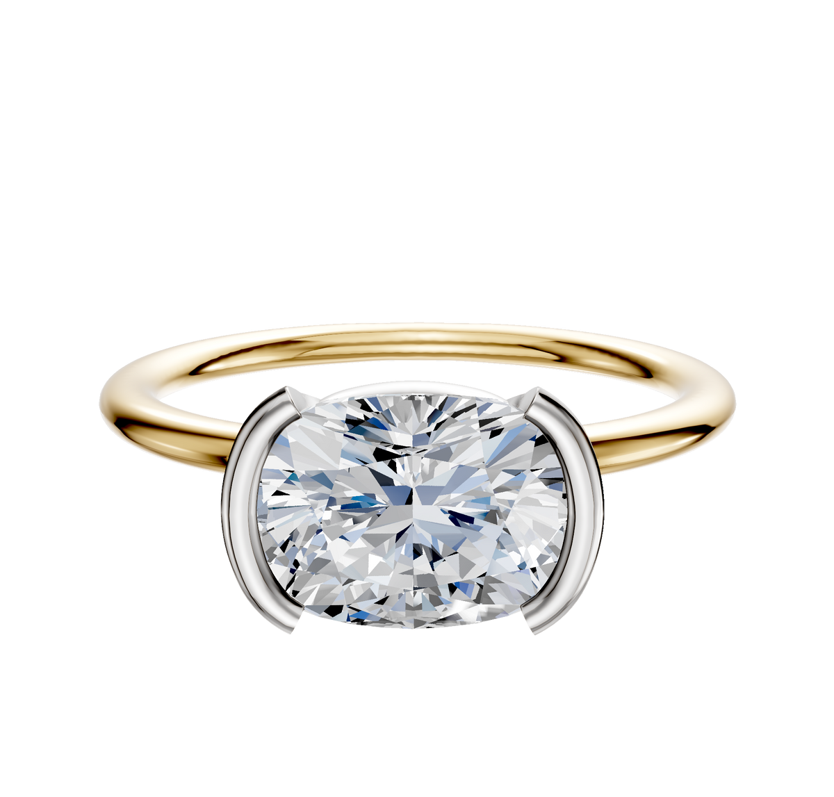 An 18K Two Tone Bezel Half Bezel East/West Classic Dome 1.5mm Engagement Ring is shown on a plain white background with a modern, round diamond in a contemporary setting.