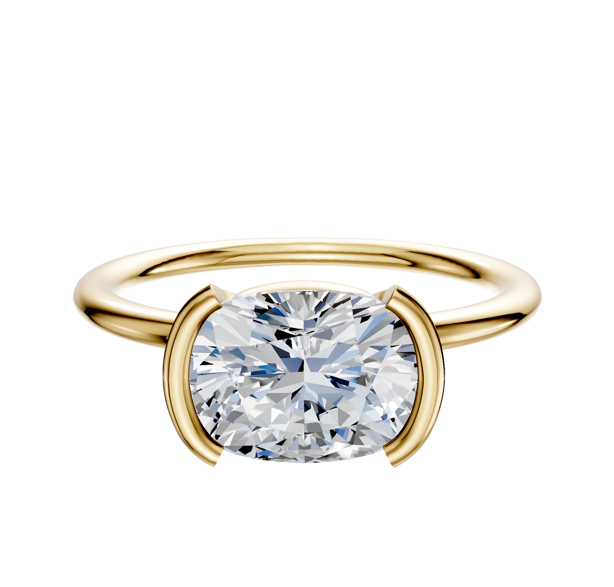 An 18K yellow gold Bezel Half Bezel East/West Classic Dome 1.5mm engagement ring is shown against a plain white background.