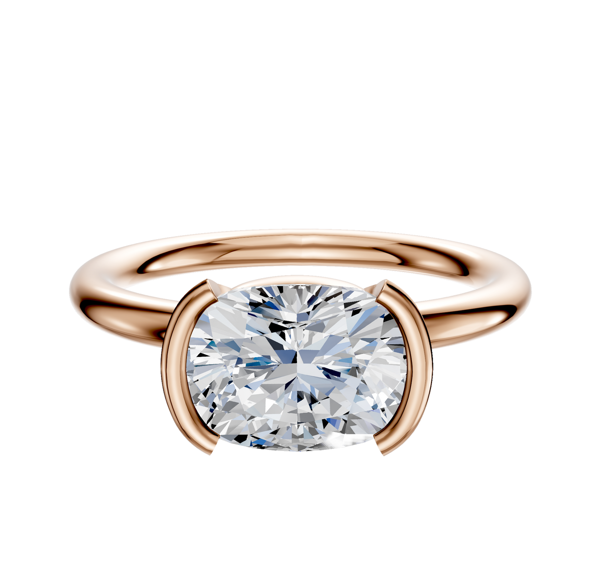 The 18K Rose Gold Bezel Half Bezel East/West Classic Dome 2.0mm Engagement Ring is shown on a plain white background, featuring a modern, minimalist setting with a brilliant round diamond.