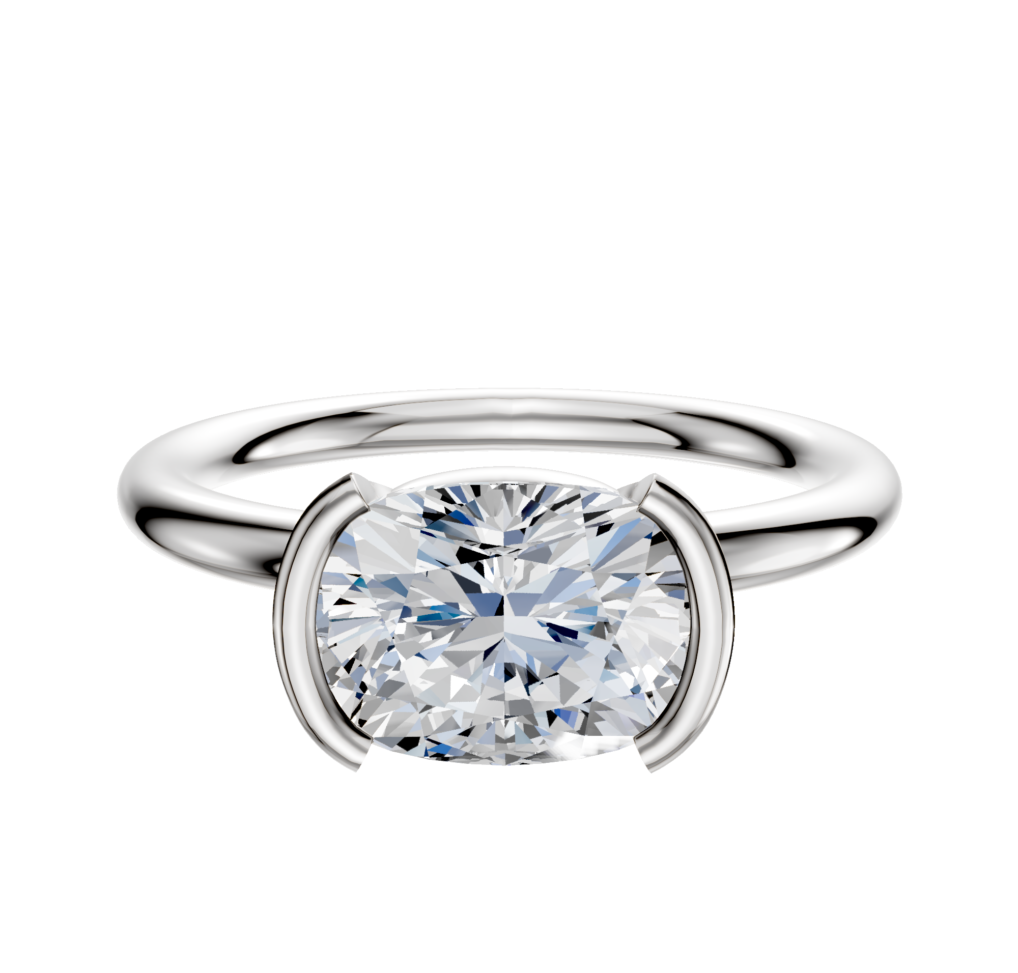 A 14K white gold bezel half bezel east/west classic dome 2.0mm engagement ring is shown with a large, round diamond set in a modern cushion-shaped setting against a plain white background.