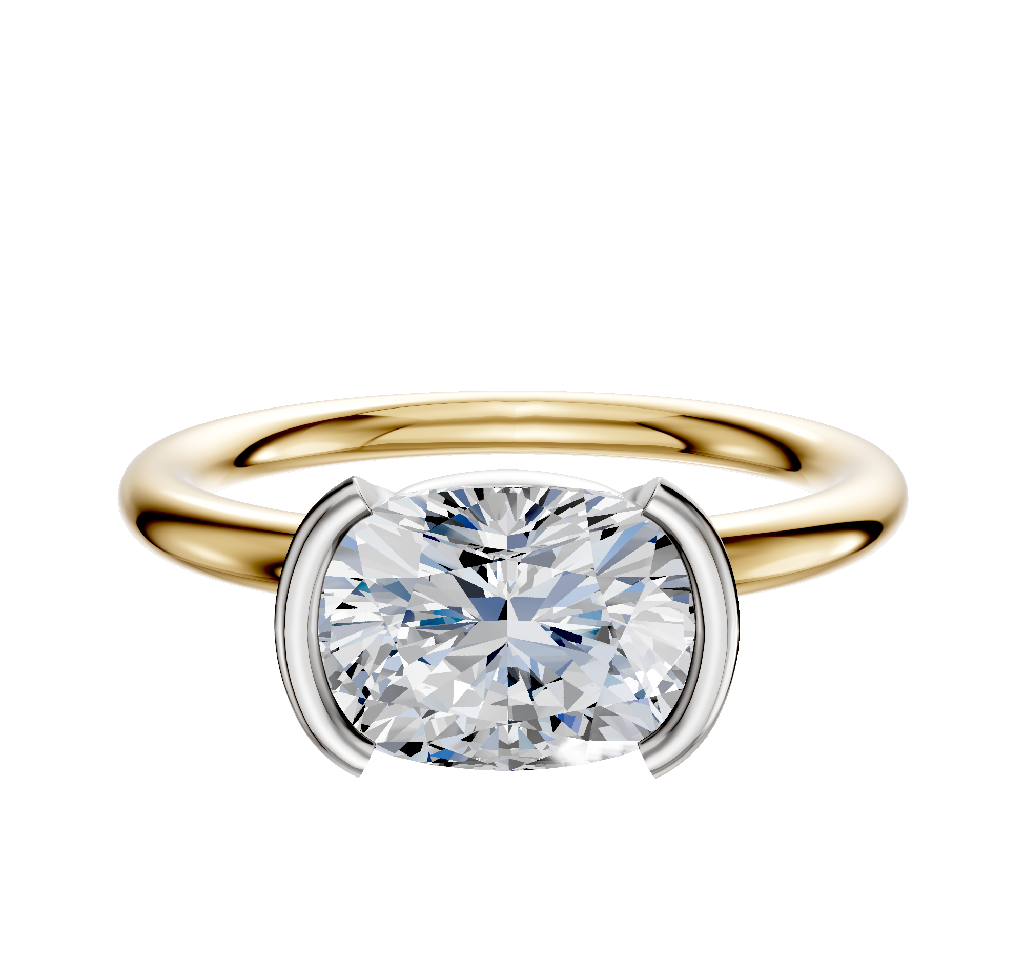 The 14K Two Tone Bezel Half Bezel East/West Classic Dome 2.0mm Engagement Ring features a round diamond set in a modern white gold bezel, showcased on a plain white background.