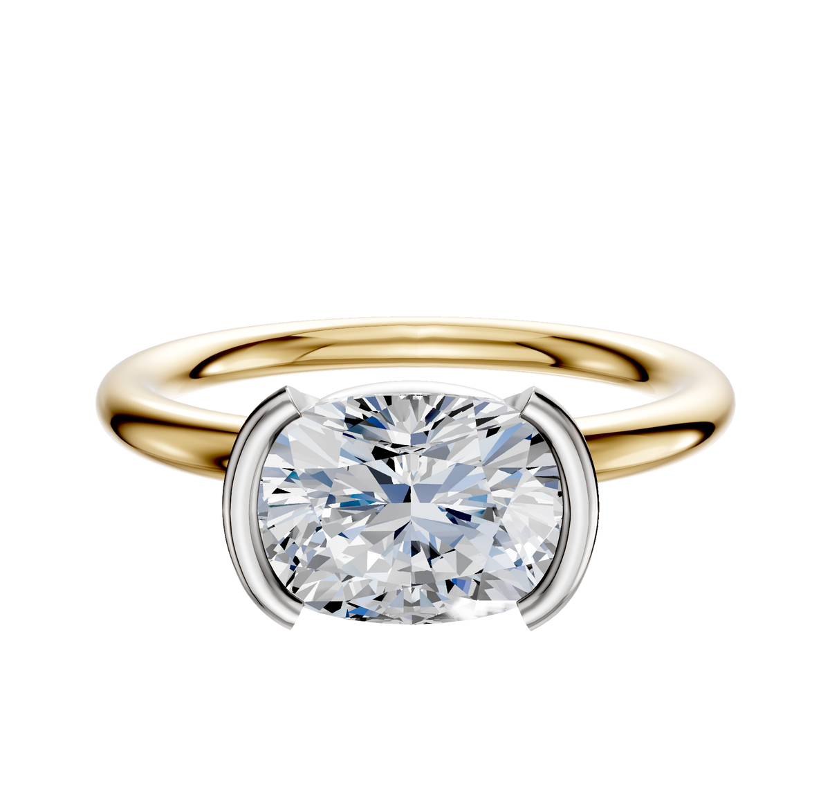 An 18K Two Tone Bezel Half Bezel East/West Classic Dome 2.0mm Engagement Ring, featuring a round diamond set in a white metal bezel, is shown from above on a plain white background.