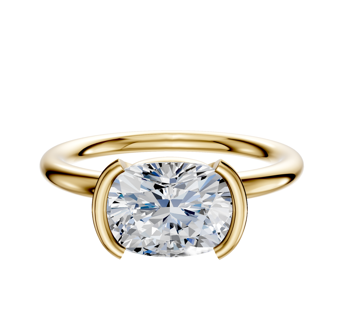 An 18K yellow gold Dome 2.0mm engagement ring featuring a classic half bezel east/west setting, offering simple elegance and highlighting the brilliance of your chosen center stone.