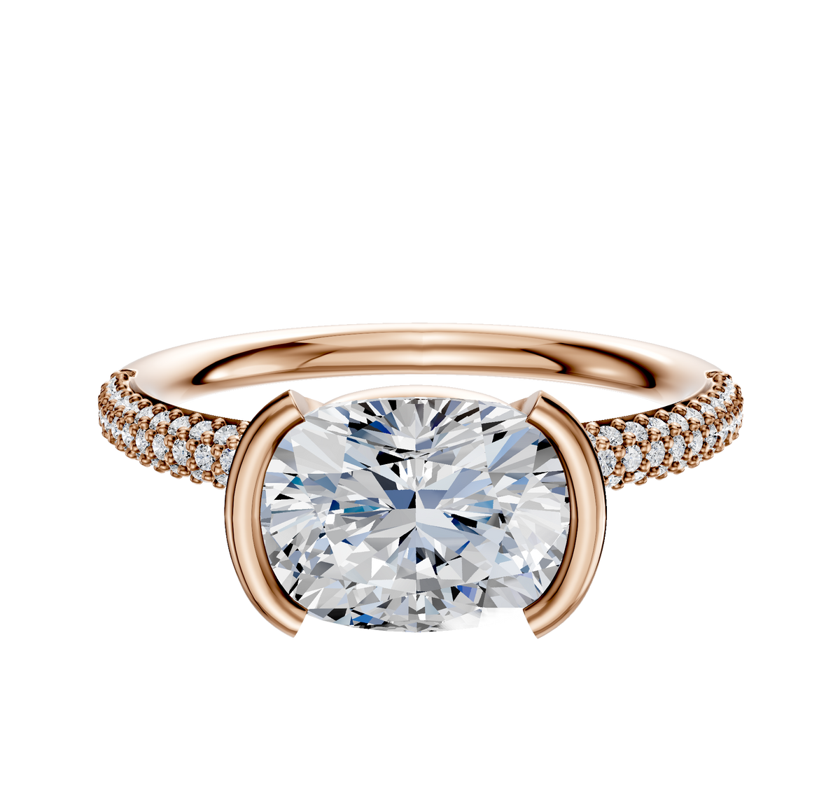 A 14K rose gold engagement ring featuring a dome band with three rows of pavé diamonds and a classic east/west half-bezel setting.