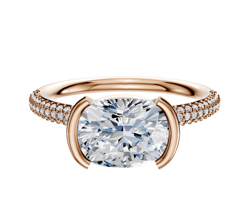 18K Rose Gold Bezel Half Bezel East/West Classic Dome 3-Row-Pave 2.0mm Engagement Ring