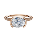 The 18K Rose Gold Bezel Half Bezel East/West Classic Dome Engagement Ring features a 2.0mm band with three rows of pave diamonds for added sparkle.