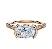 The 18K Rose Gold Bezel Half Bezel East/West Classic Dome Engagement Ring features a 2.0mm band with three rows of pave diamonds for added sparkle.