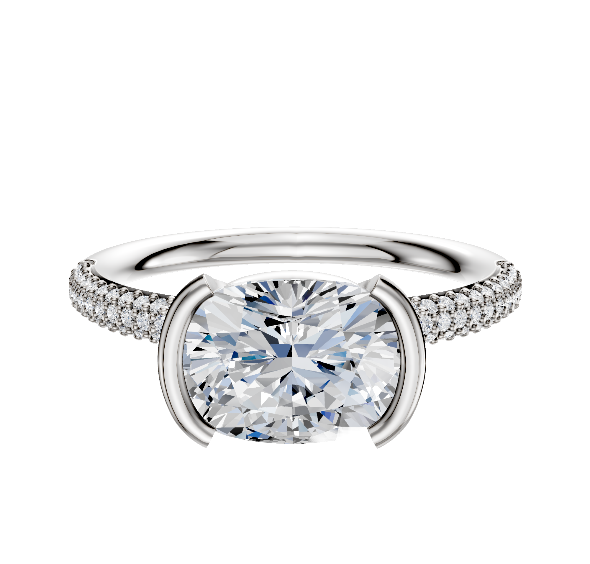 The 18K Two Tone Bezel Half Bezel East/West Classic Dome 3-Row-Pave 2.0mm Engagement Ring features a classic dome design with three rows of pavé-set diamonds and an elegant two-tone bezel setting for the centerpiece stone.