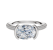 A platinum East/West Classic Dome engagement ring featuring a half bezel setting and a 3-row pave band with sparkling diamonds, measuring 2.0mm wide.