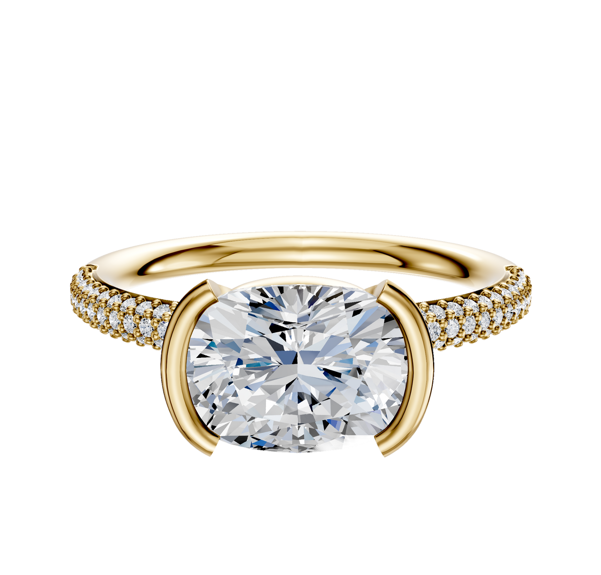 The 14K Yellow Gold Bezel Half Bezel East/West Classic Dome 3-Row-Pave 2.0mm Engagement Ring features a large center stone in a bezel setting, with three rows of pave-set diamonds along the band, displayed on a plain white background.