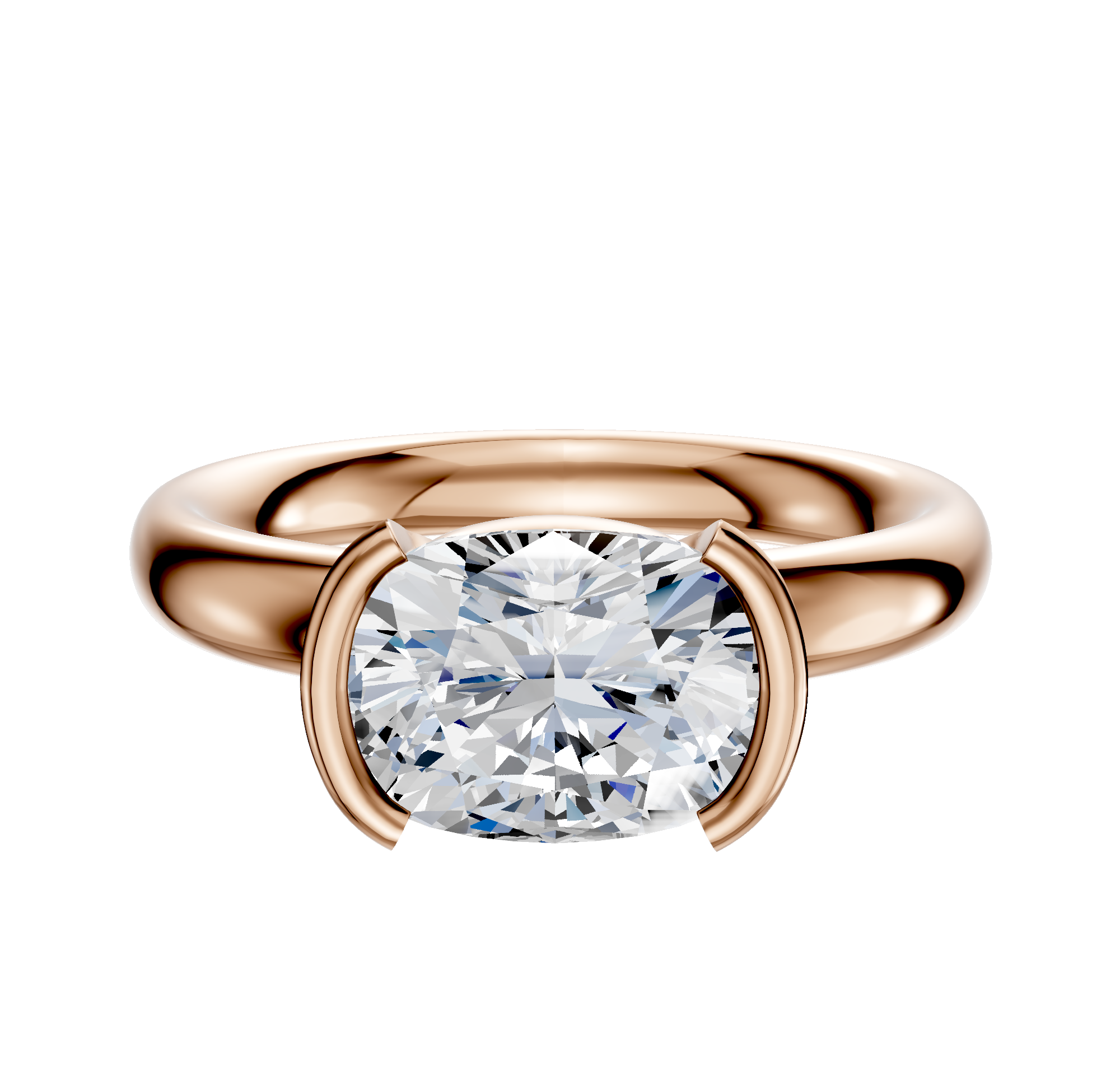 The 18K Rose Gold Bezel Half Bezel East/West Classic Dome 3.0mm Engagement Ring features a thick band and a large, horizontally set diamond in a modern bezel setting, shown against a plain white background.