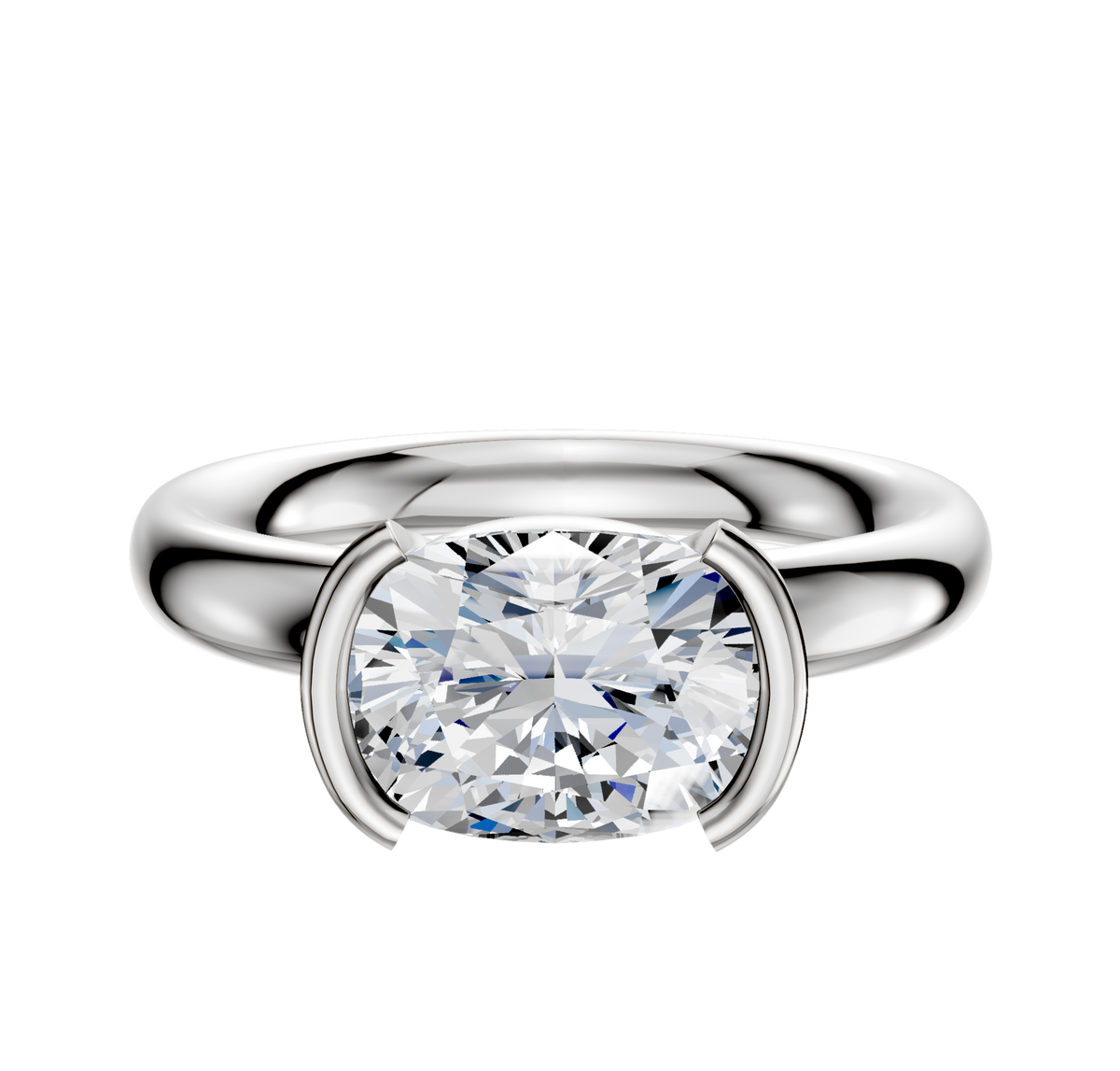 A 14K white gold bezel half bezel East/West classic dome engagement ring with a 3.0mm band, shown against a plain white background.