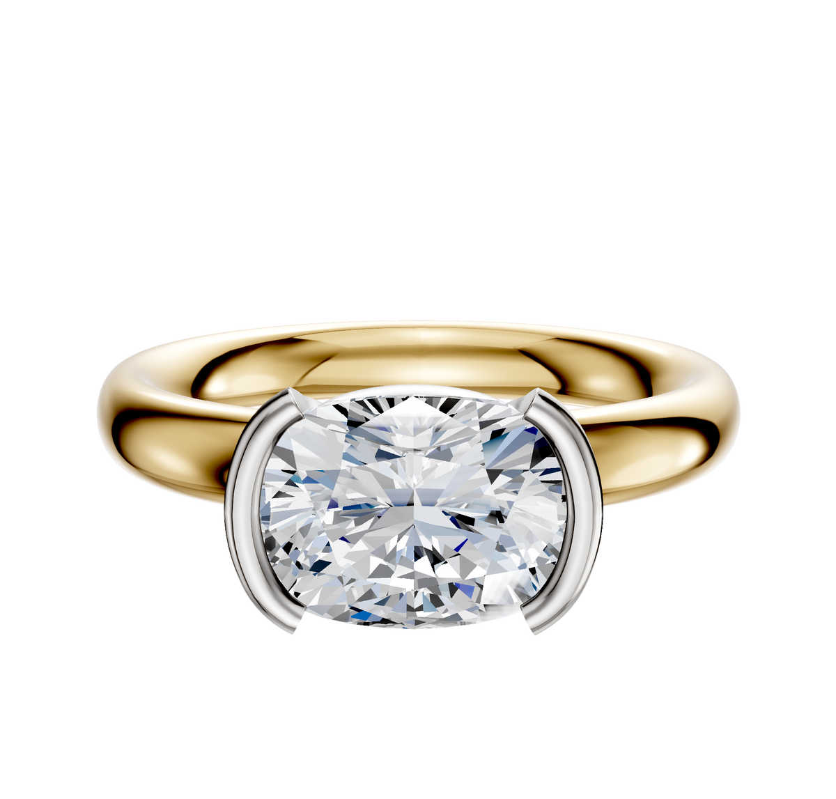 An 18K two-tone engagement ring with a 3.0mm classic dome band, featuring an East/West-set diamond in a half bezel setting.