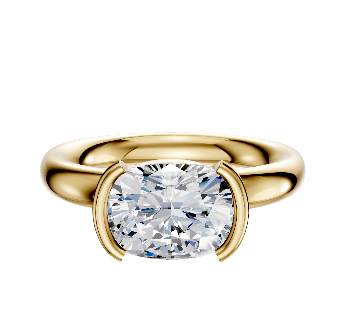 A 14K yellow gold engagement ring with a classic dome 3.0mm band and a large cushion-cut diamond in an east/west half bezel setting, showcased against a plain white background.