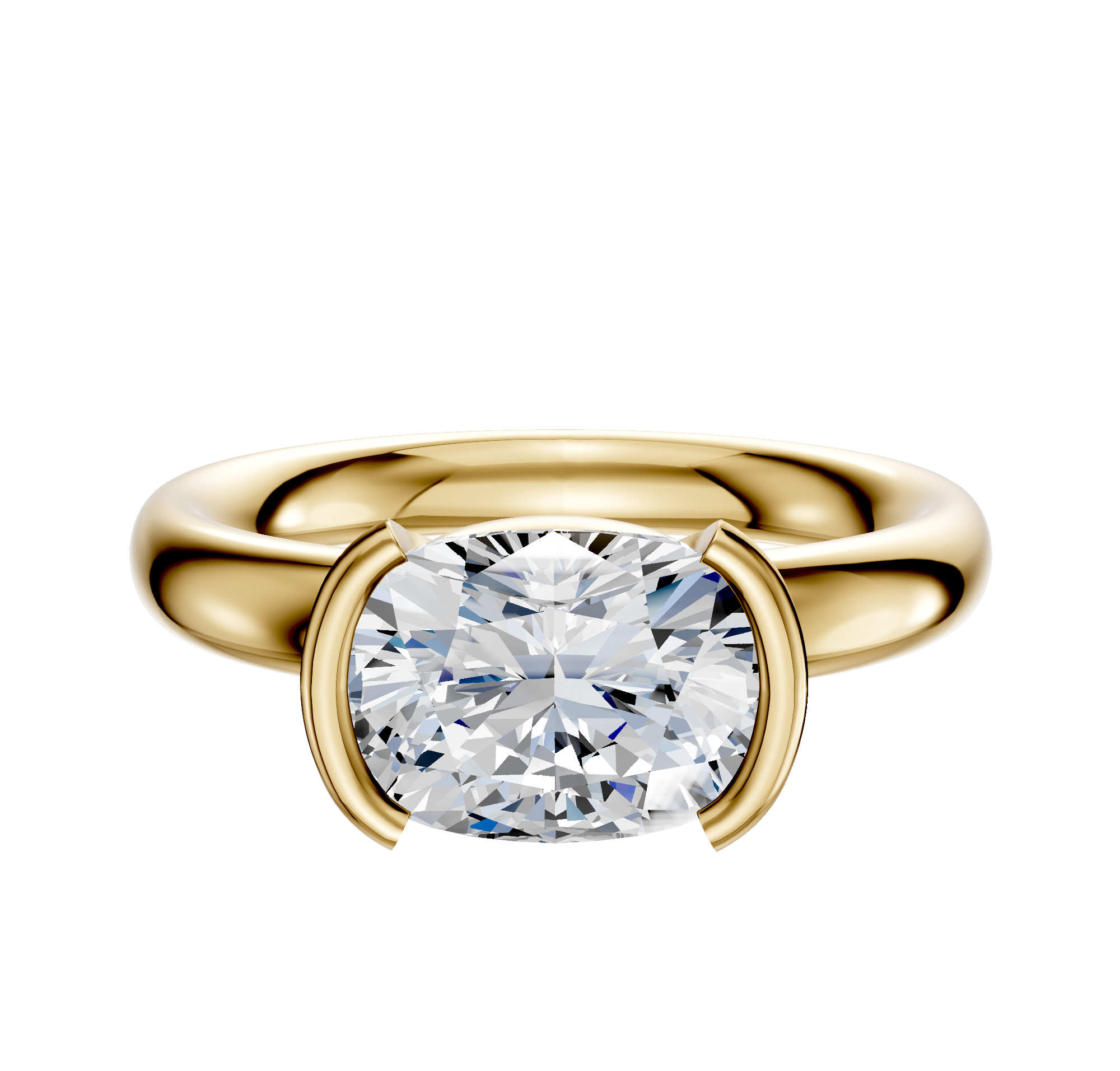 The 18K Yellow Gold Bezel Half Bezel East/West Classic Dome 3.0mm Engagement Ring features a large cushion-cut diamond in a modern bezel setting with two side prongs, displayed on a plain white background.