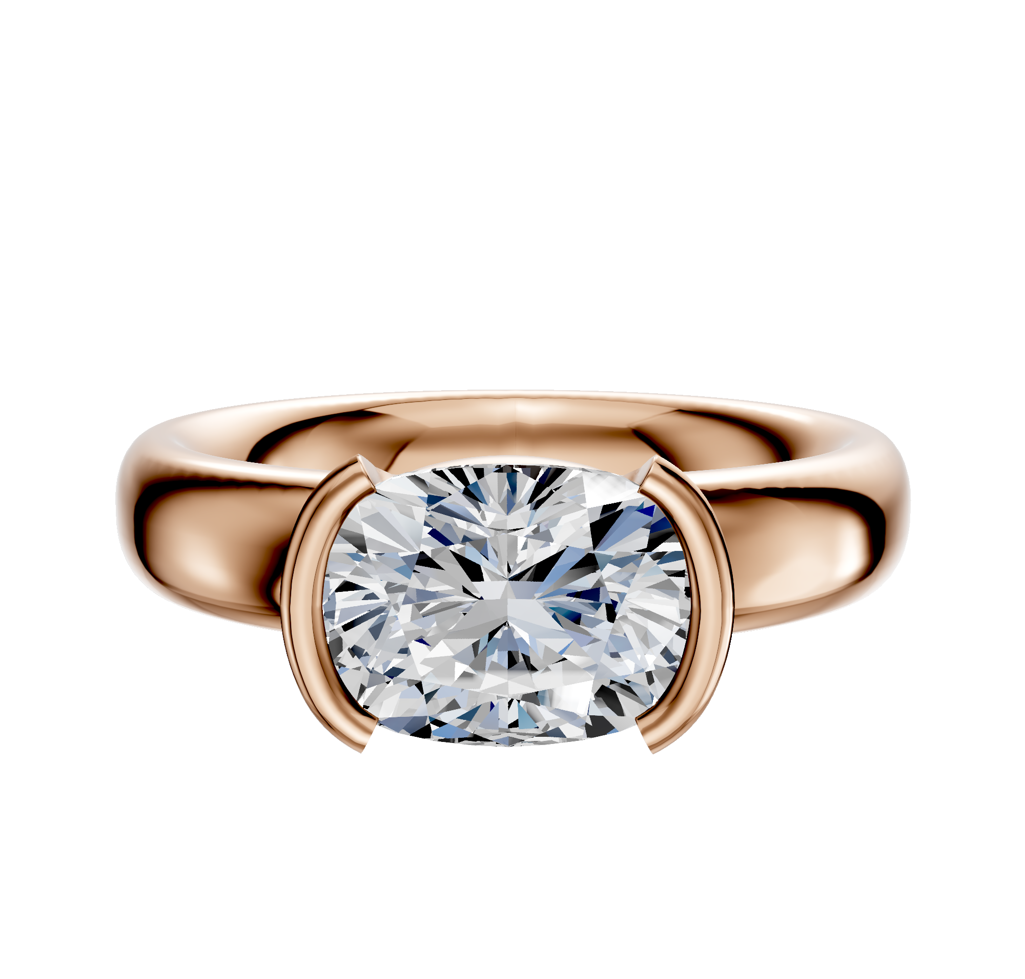 The 14K Rose Gold Bezel Half Bezel East/West Classic Dome 4.0mm Engagement Ring features a cushion-cut diamond in a modern minimalist setting with curved prongs, shown on a plain white background.