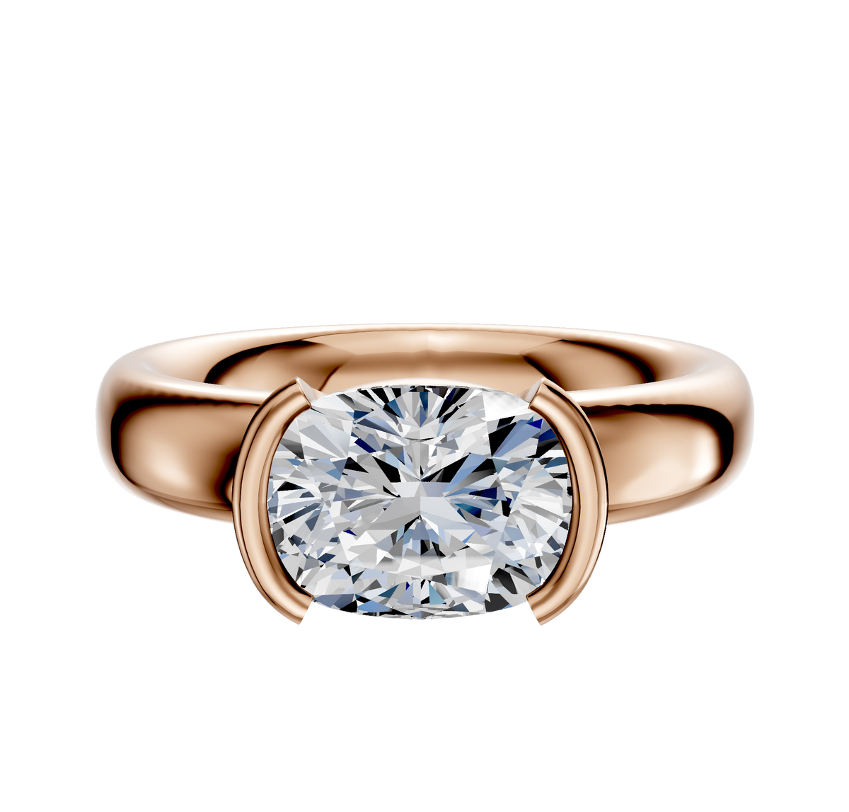 An 18K rose gold Bezel Half Bezel East/West Classic Dome 4.0mm engagement ring is shown against a white background, featuring a cushion-cut diamond set with two curved prongs on each side.