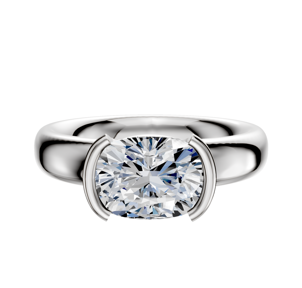 The 14K White Gold Bezel Half Bezel East/West Classic Dome 4.0mm Engagement Ring showcases a bold band and modern setting, elegantly displayed against a plain white background.