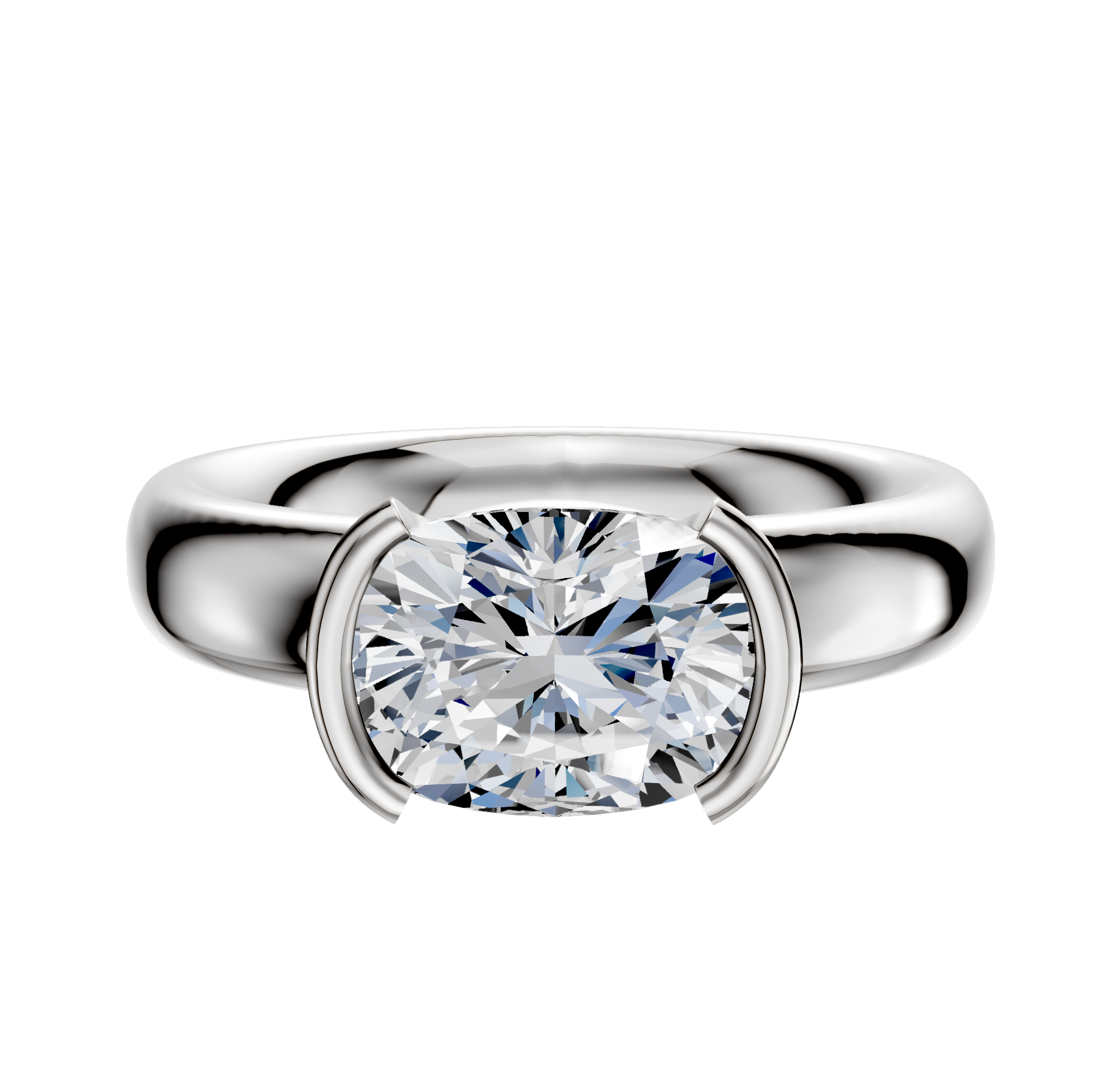 The 14K White Gold Bezel Half Bezel East/West Classic Dome 4.0mm Engagement Ring showcases a bold band and modern setting, elegantly displayed against a plain white background.