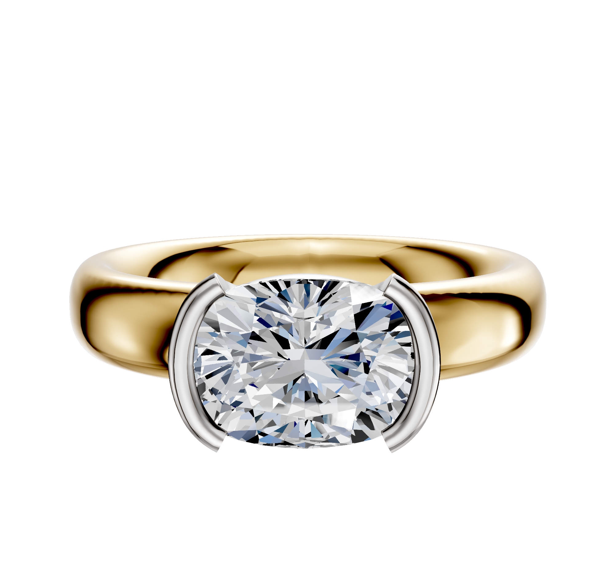 The 14K Two Tone Bezel Half Bezel East/West Classic Dome 4.0mm Engagement Ring features a modern, partial bezel setting with silver prongs flanking a large oval diamond, all displayed against a white background.